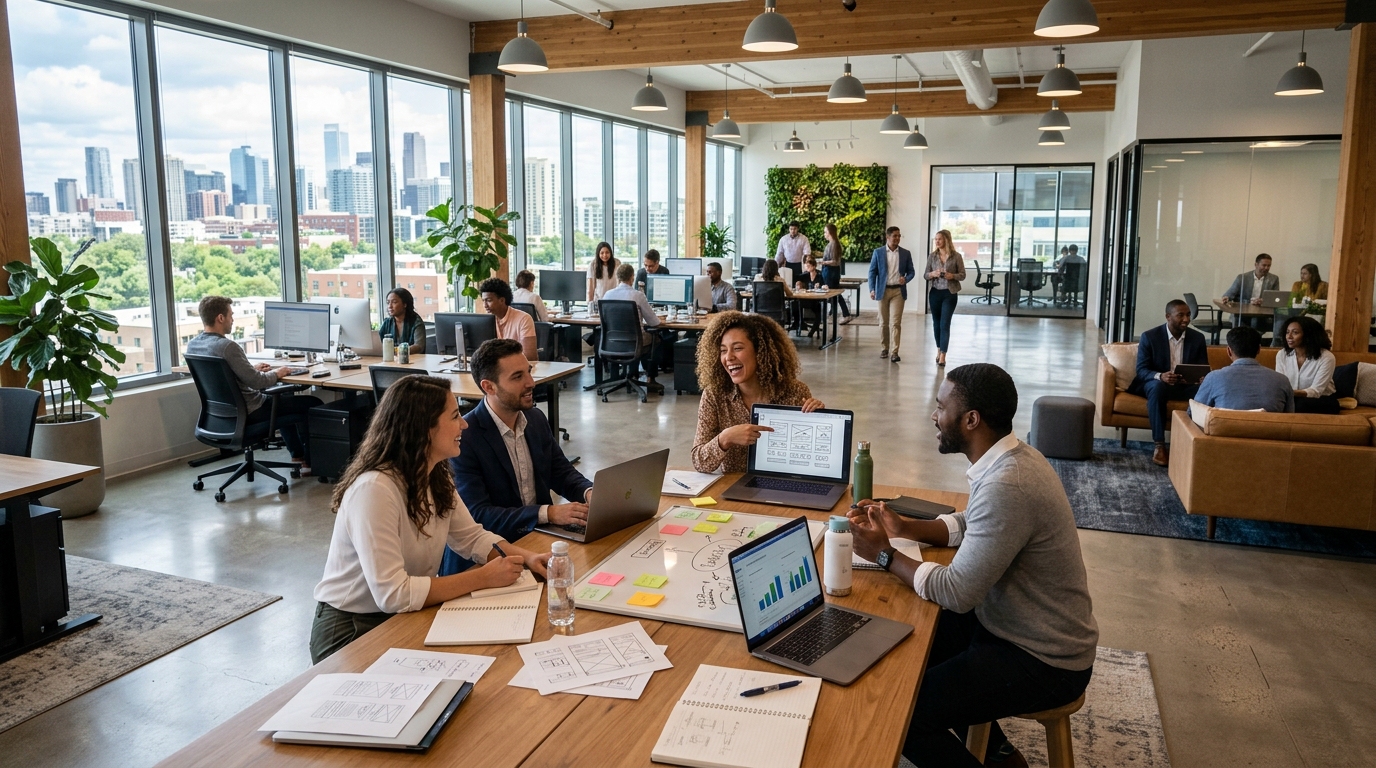 Four colleagues discussing work with laptops and notes around a table in a modern office