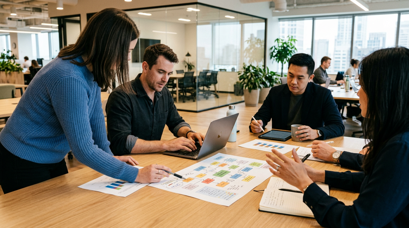 Four colleagues discussing charts and a flowchart diagram on a table in an office