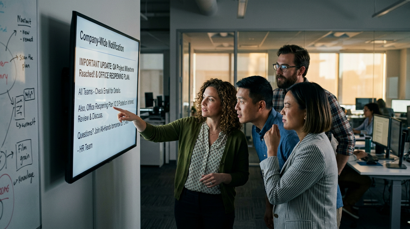 Four coworkers looking at a screen displaying a company-wide notification about project milestone and office reopening plan