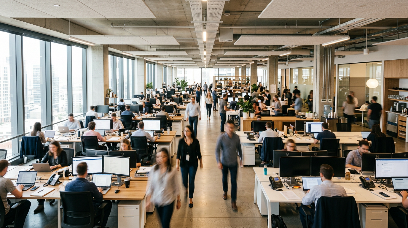 Open-plan office with employees at desks using computers and walking around