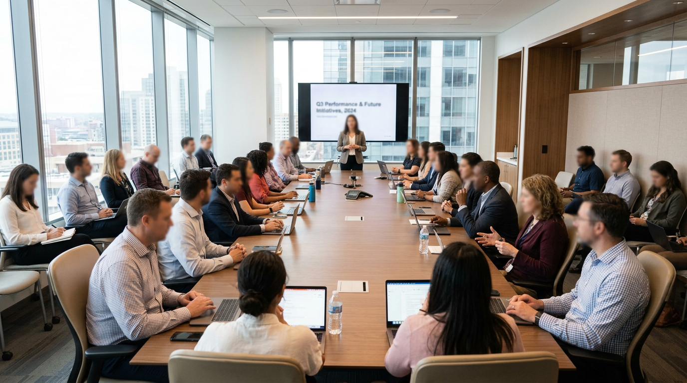Team meeting around a large conference table with a presenter and presentation screen