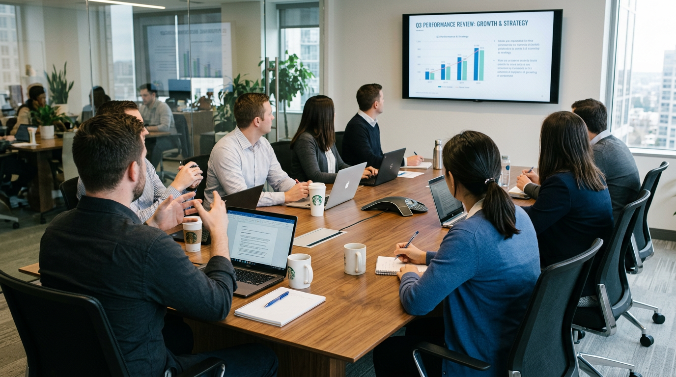 Team meeting discussing Q3 performance review with charts on screen