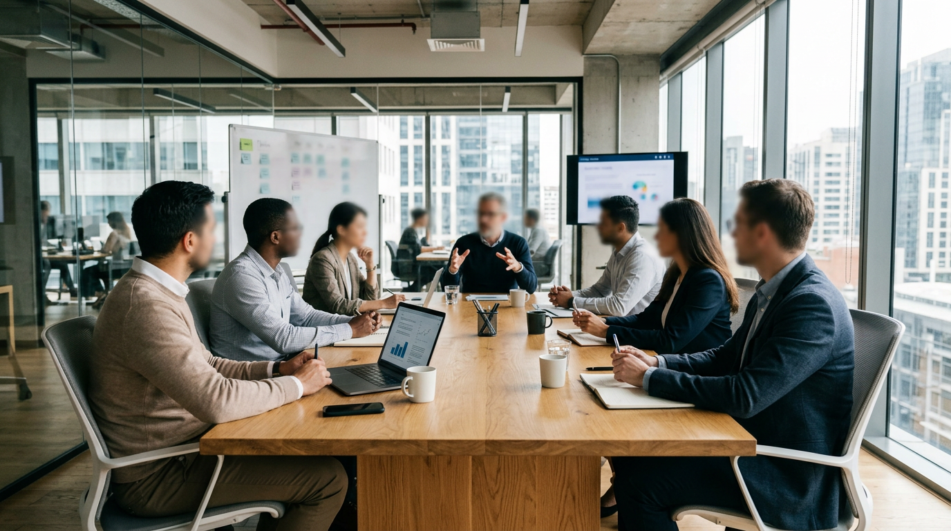 Seven professionals in a modern office having a business meeting around a wooden conference table