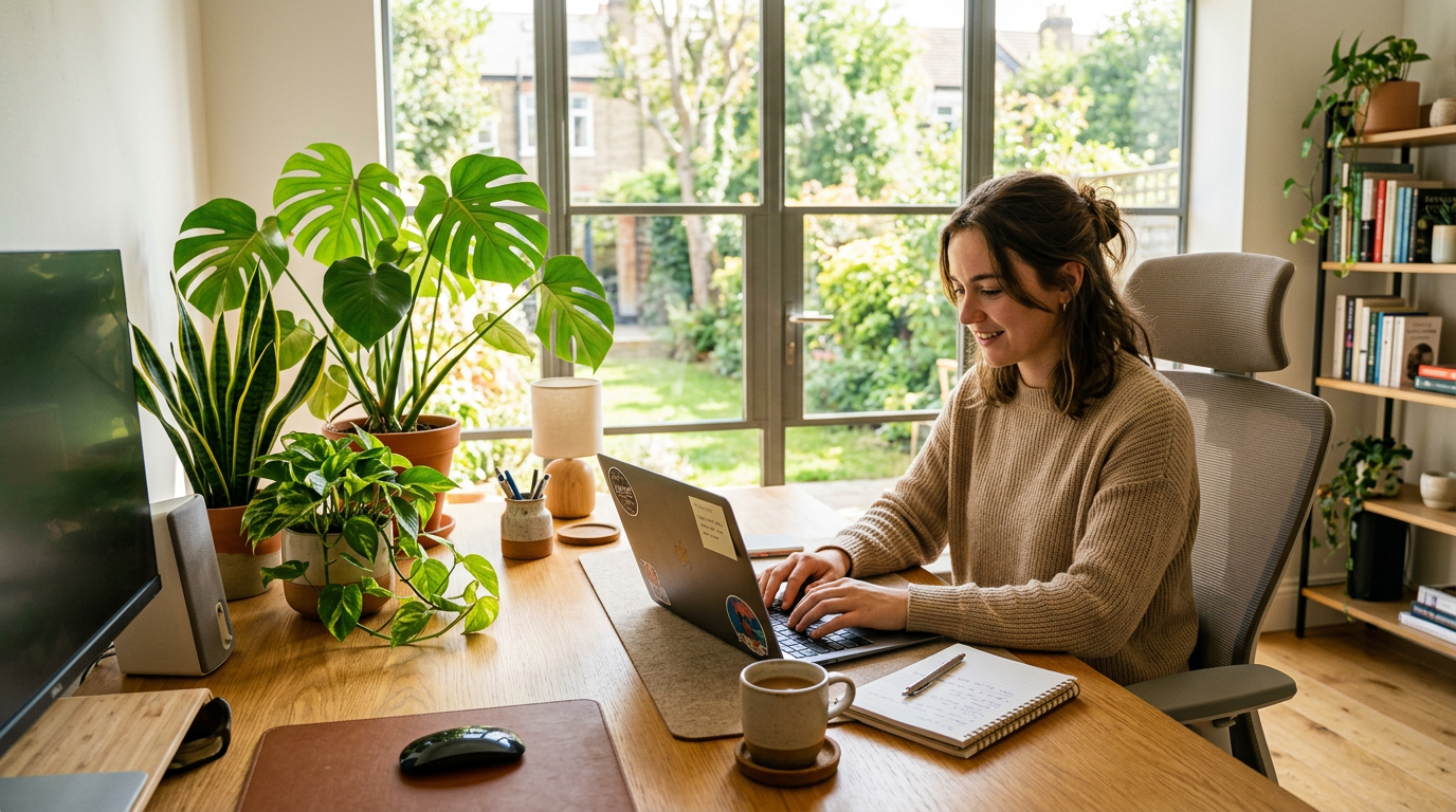 Woman working on laptop at desk in bright home office with plants