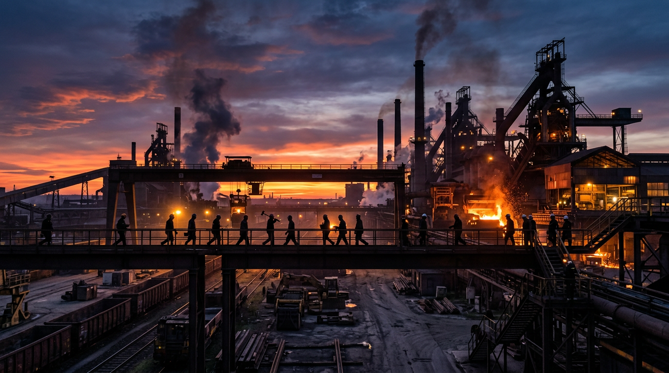 Silhouettes of steelworkers walking on a footbridge in a steel mill at sunset with industrial smoke and glowing molten metal