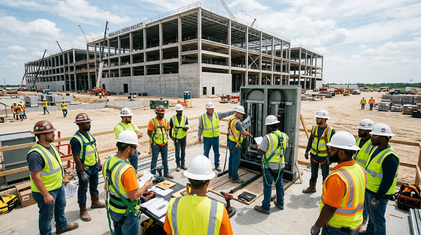 Group of construction workers in safety gear gathered around electrical panel at data center construction site