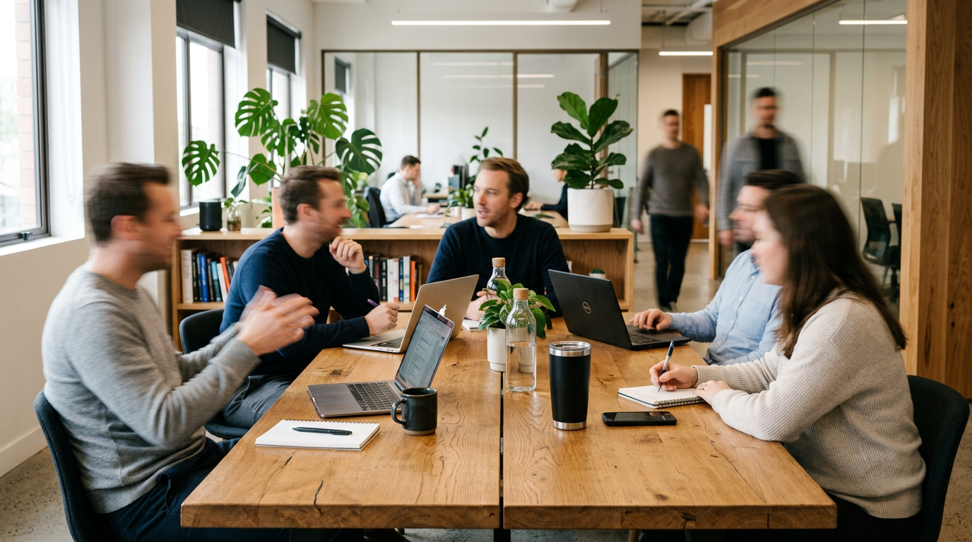 Five people sitting around a wooden table with laptops and notebooks in a modern office space