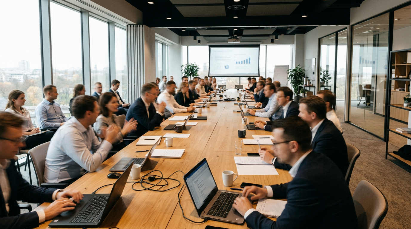 Professionals sitting around a long conference table with laptops and documents, facing a screen showing charts.