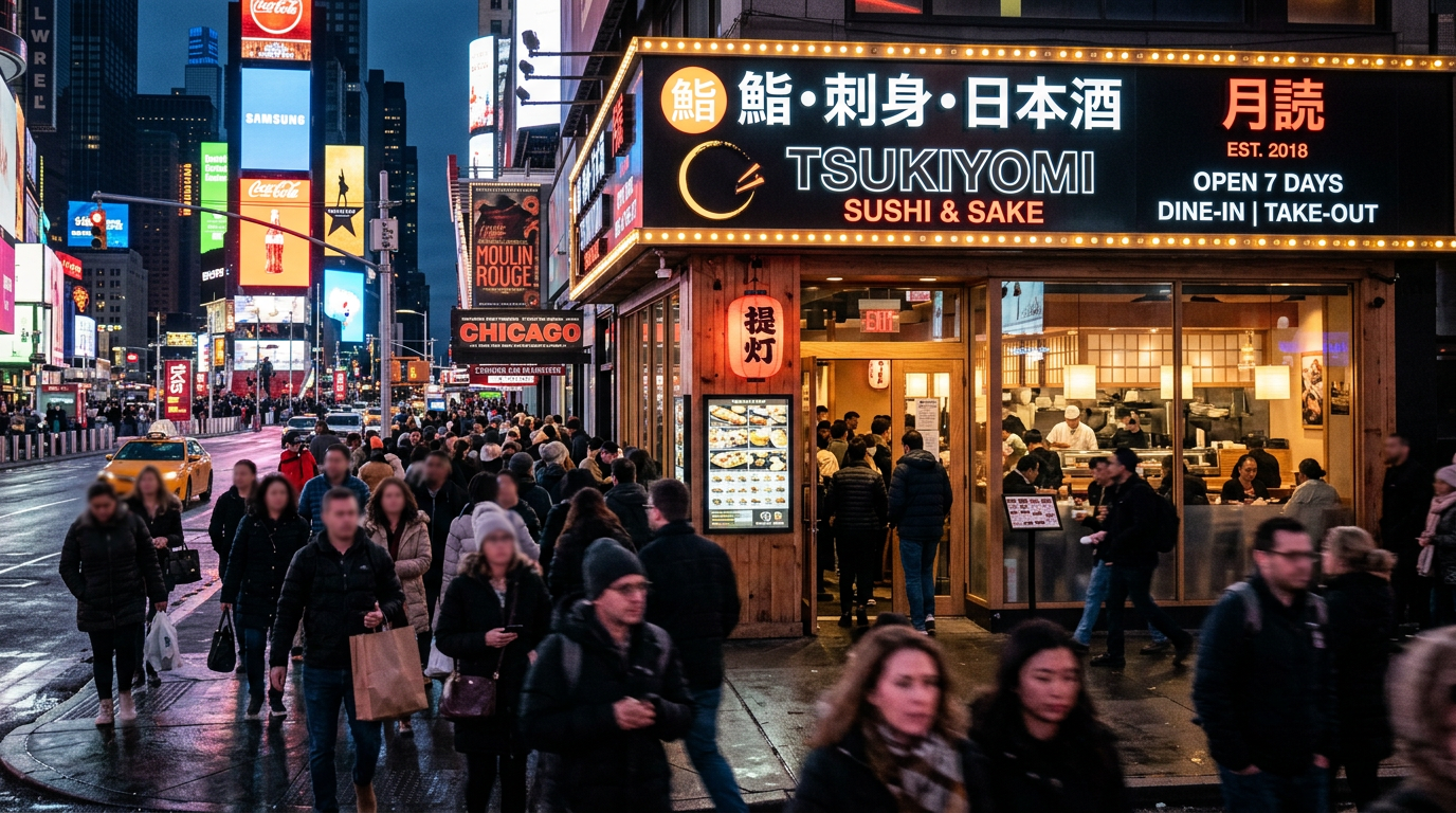 Crowd of people walking past Tsukiyomi Sushi & Sake restaurant at night