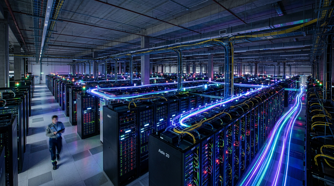 Data center with rows of server racks and glowing fiber optic cables