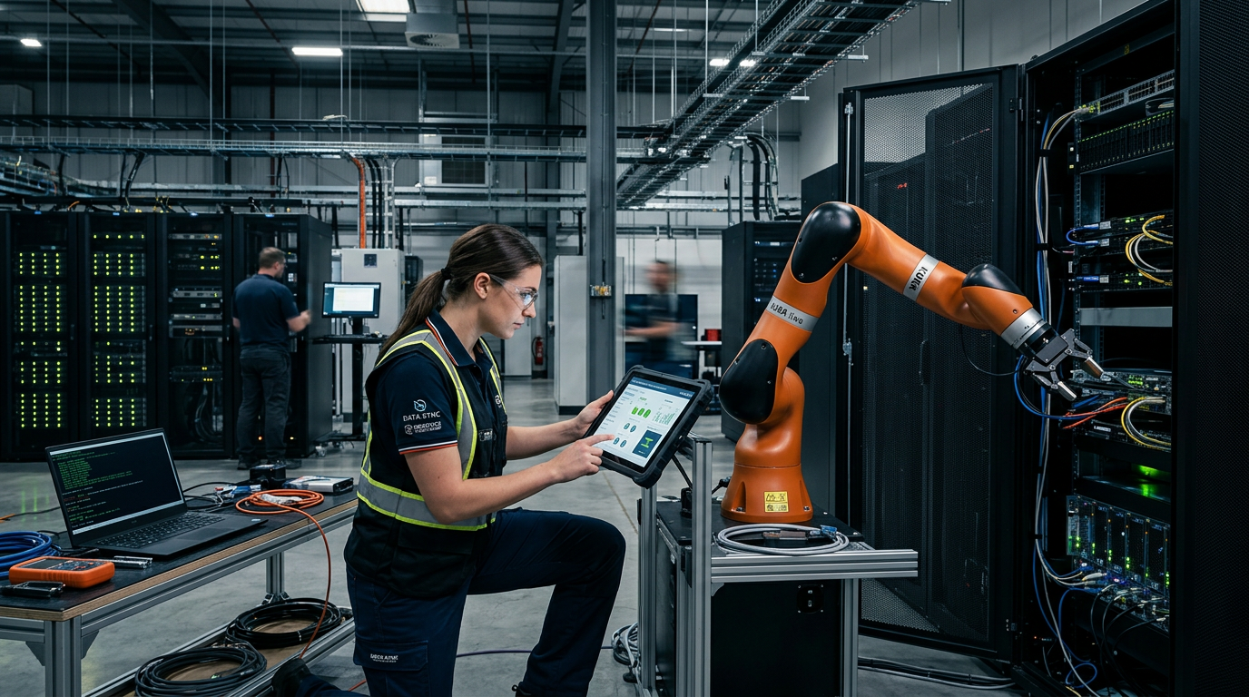Technician in safety vest using tablet to operate robotic arm in data center