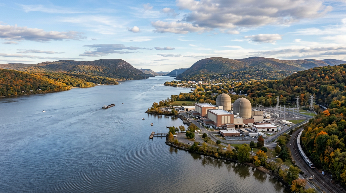 Nuclear power plant with two large domes beside the Hudson River amid autumn-colored trees and hills
