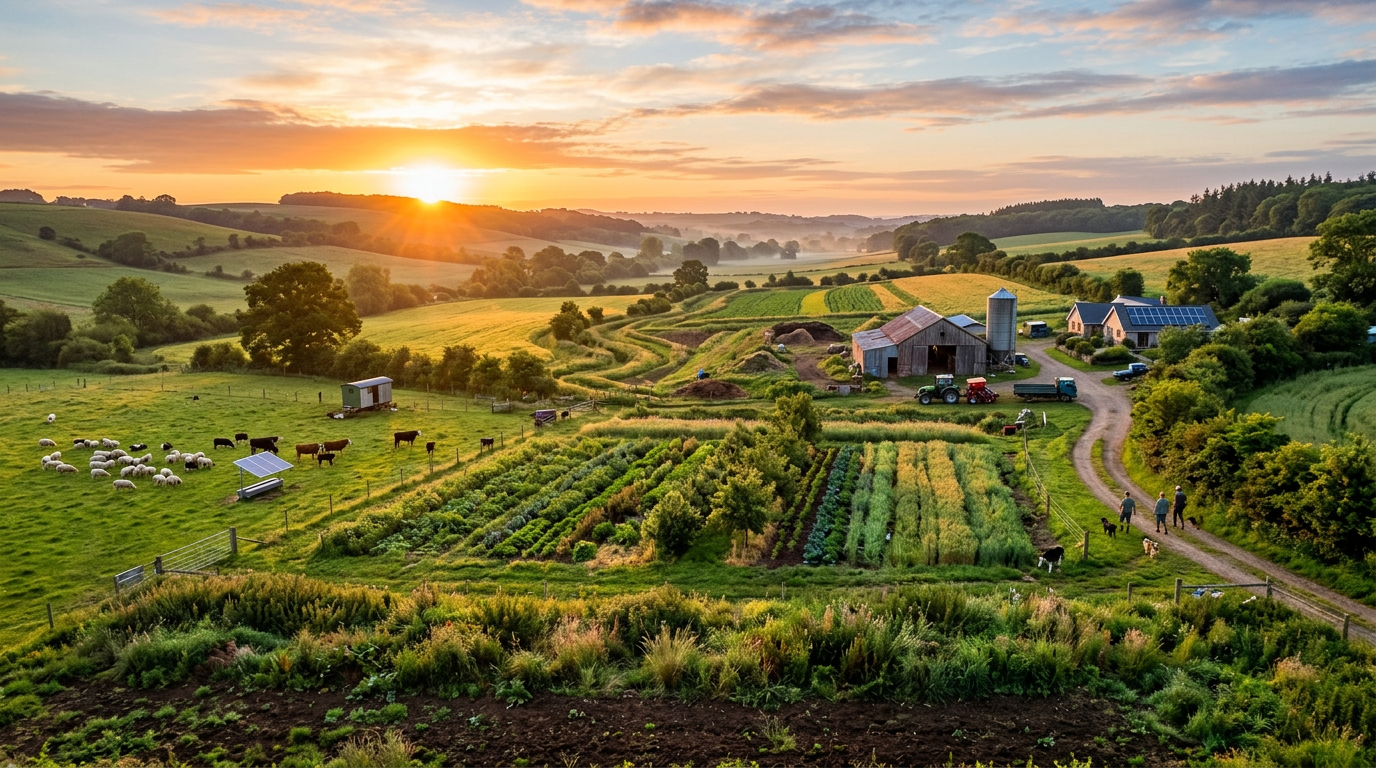 Sustainable farm with crops, sheep, cattle, solar panels, and people at sunrise