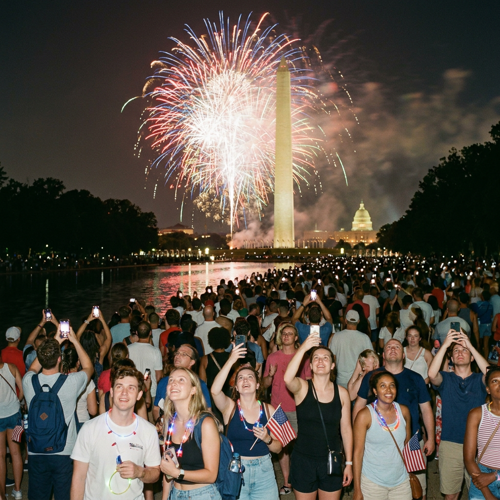 Large crowd watching fireworks behind Washington Monument and U.S. Capitol at night