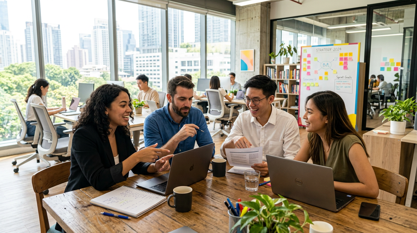 Four coworkers discussing work with laptops and documents around a rustic table in an office