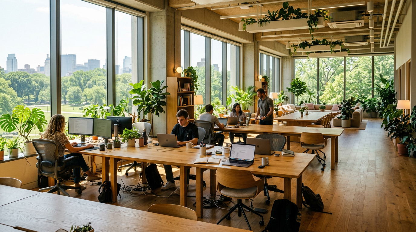 Open office with people working at desks and large windows showing greenery and buildings