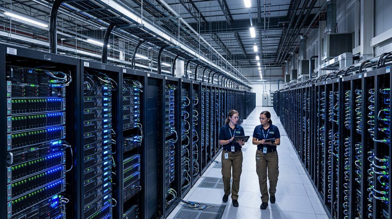 Two IT technicians walking and discussing in a data center server room