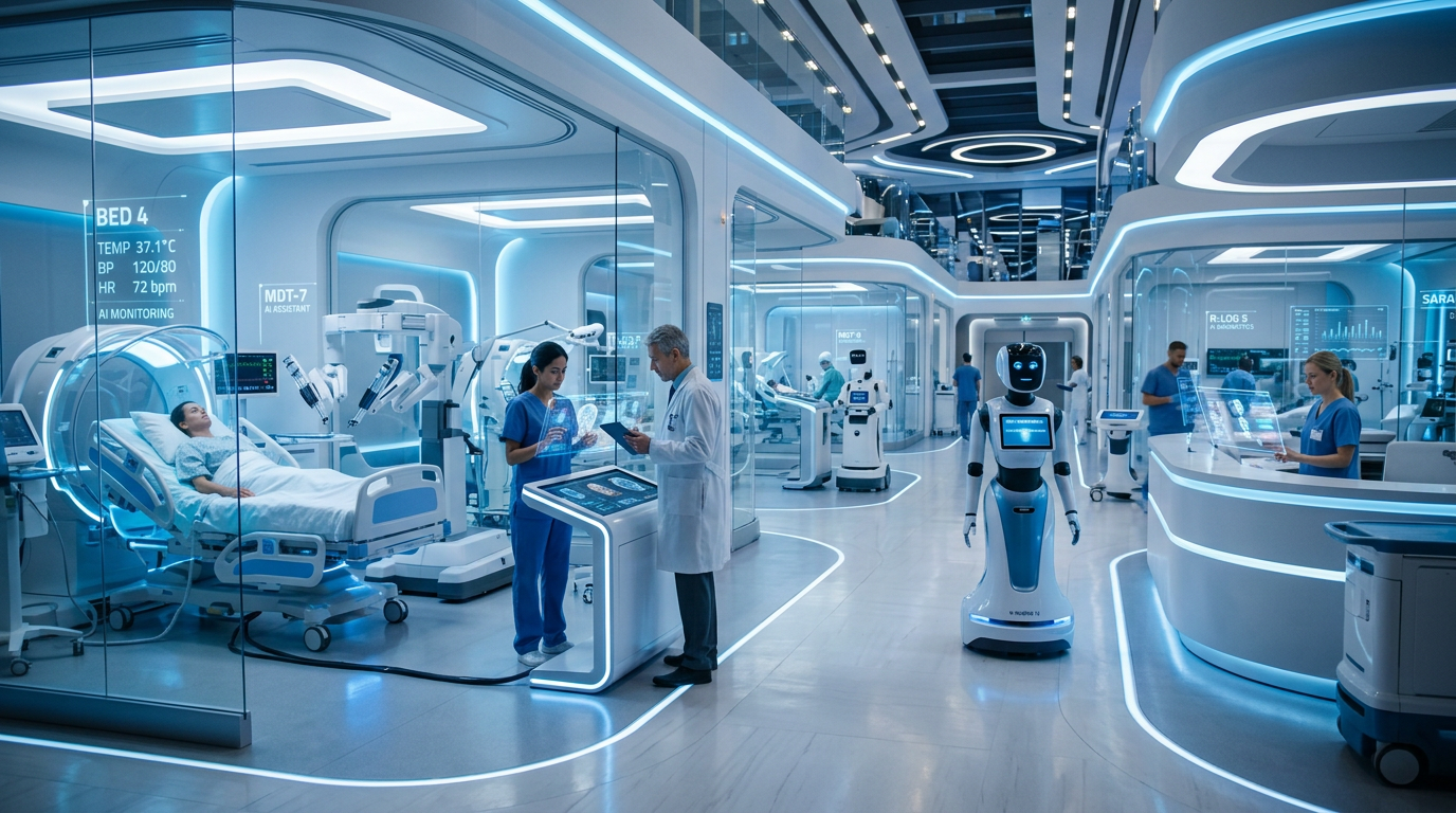 High-tech hospital ward with medical staff, robots, patient beds, and digital monitoring screens
