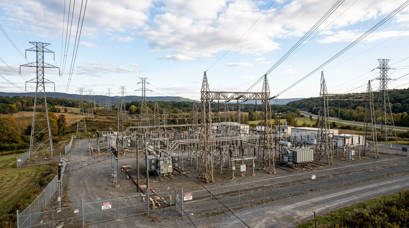 Electric power substation with transformers and high-voltage transmission towers in a rural setting