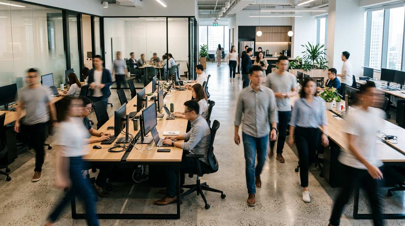 People working and walking in a modern open office with rows of desks and computers