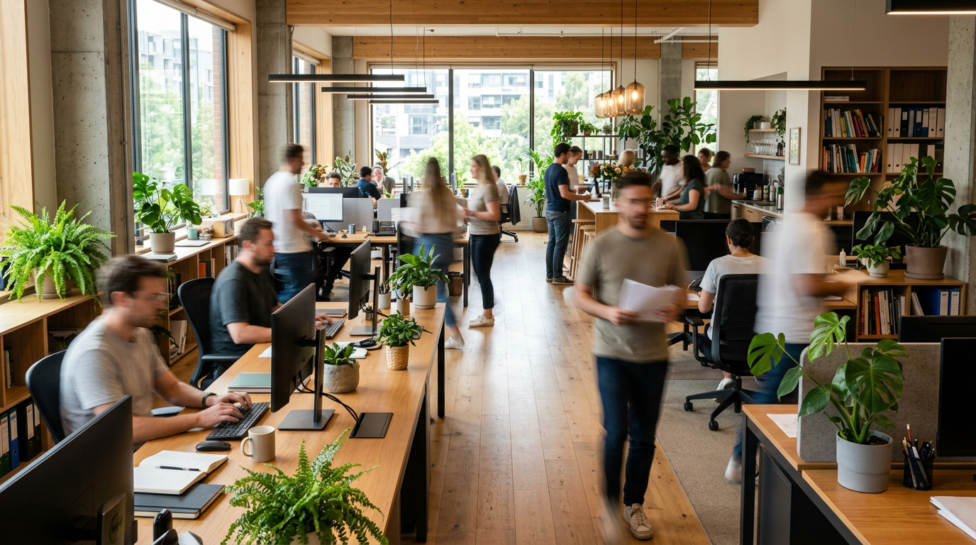 Open-plan office with people working at desks and walking around, filled with plants and natural light
