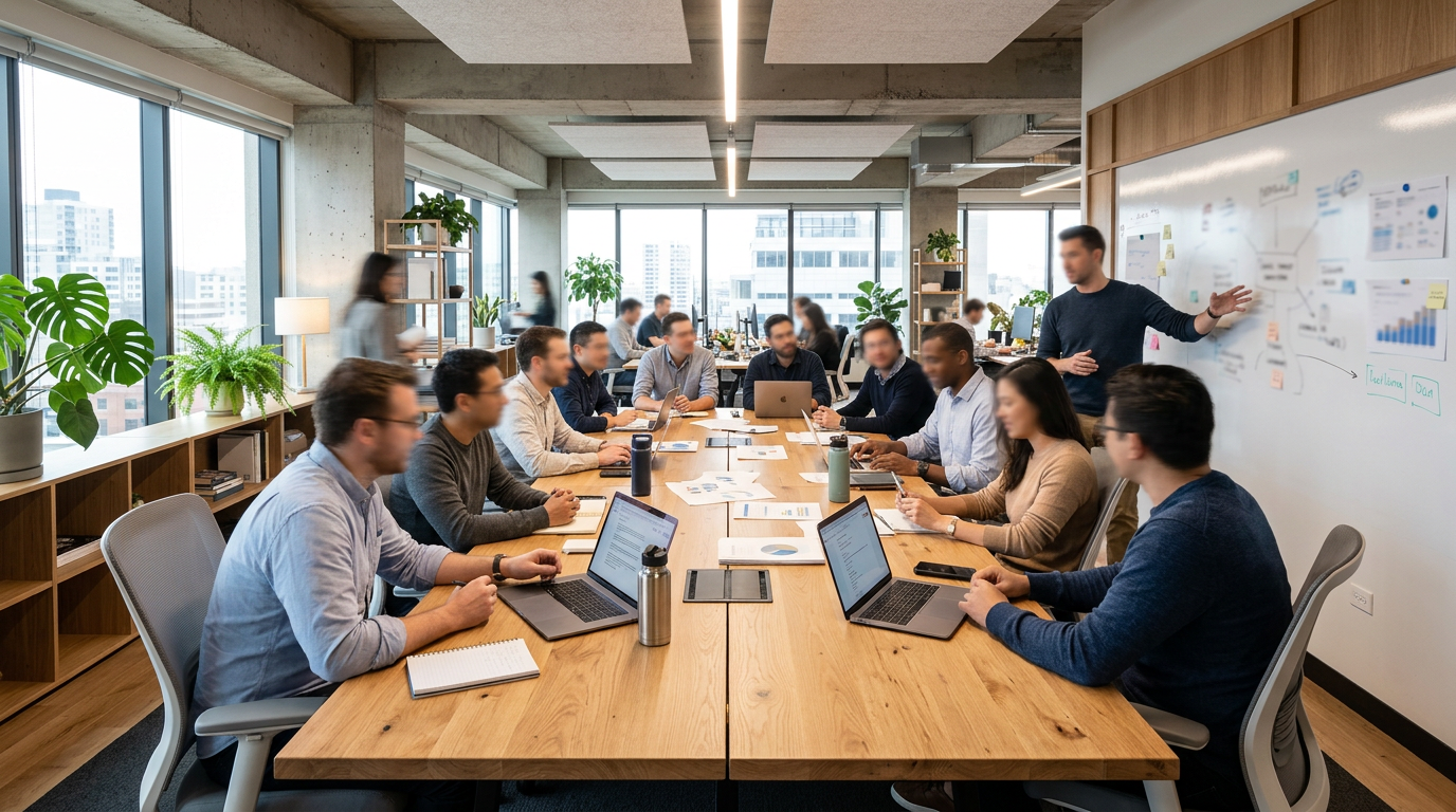 Team meeting in modern office with laptops and whiteboard presentation