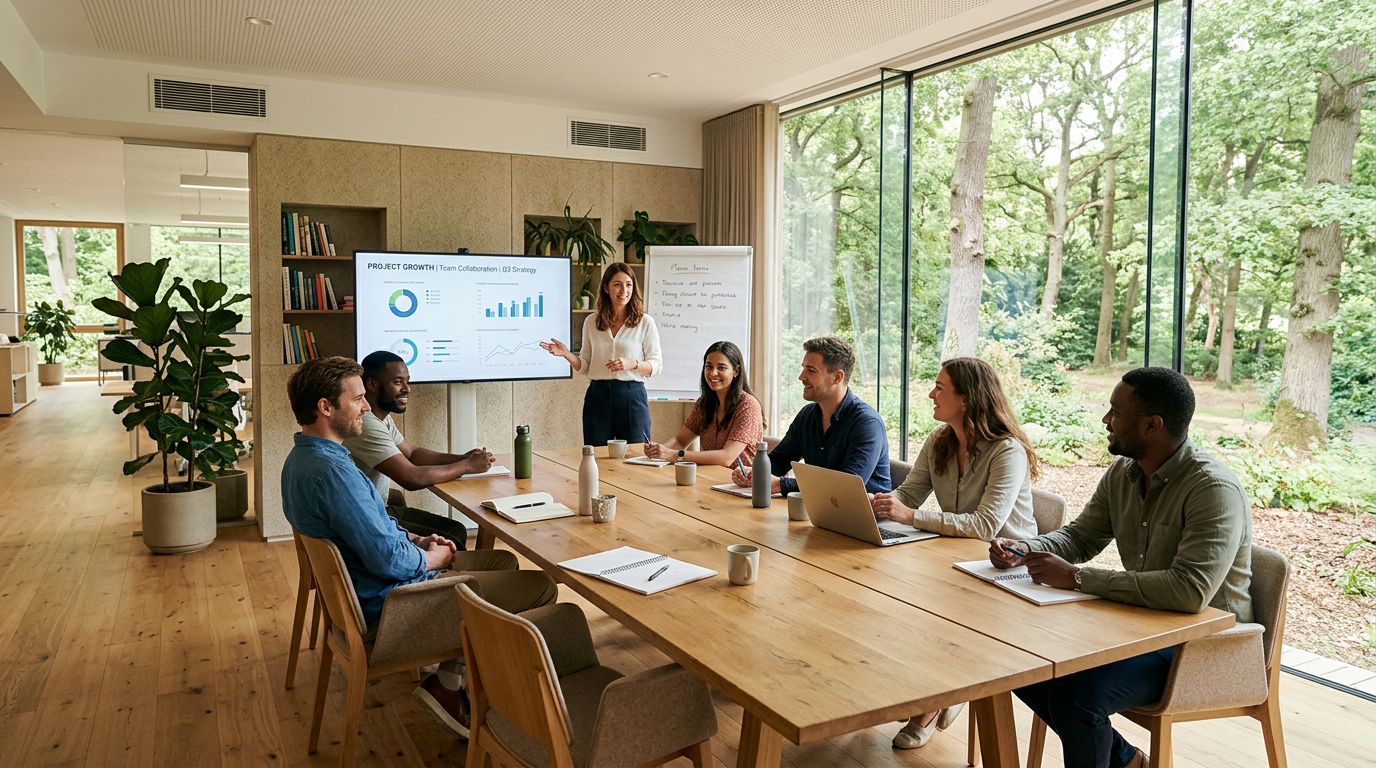 A diverse team meeting around a wooden table with growth charts on a screen