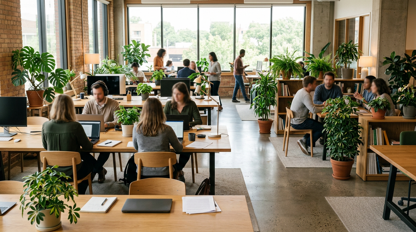 Open office space with people working on laptops and having discussions among green plants