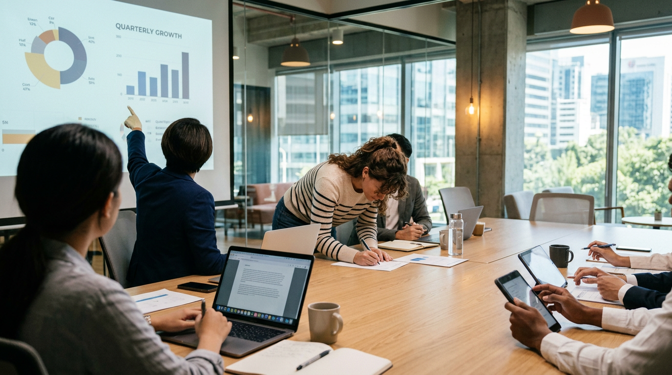 Team members in a conference room discussing quarterly growth charts projected on screen