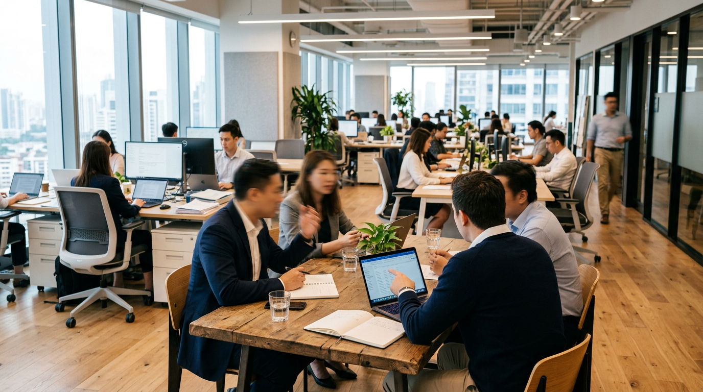 Group of coworkers in business attire collaborating around a laptop in a modern office