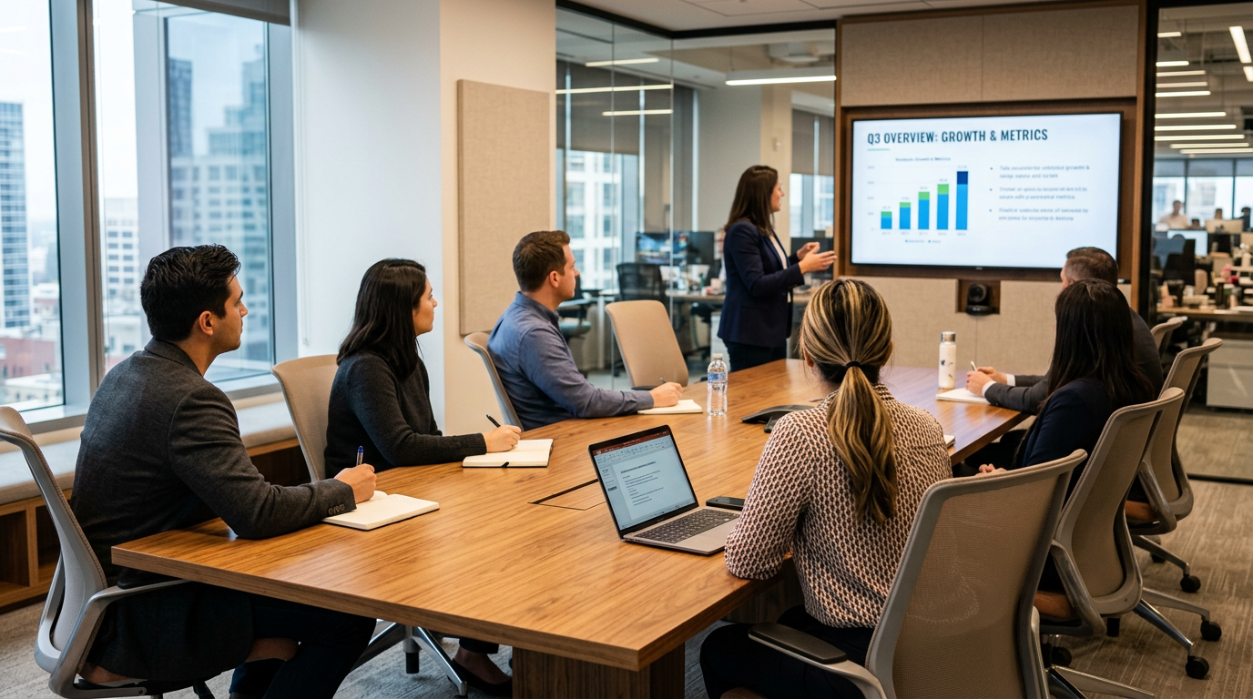 Group of professionals in a conference room watching a presentation on business growth and metrics.
