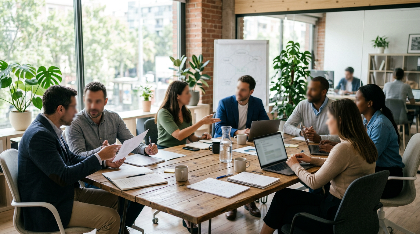 Seven professionals collaborating around a table with laptops, papers, and notebooks in a modern office