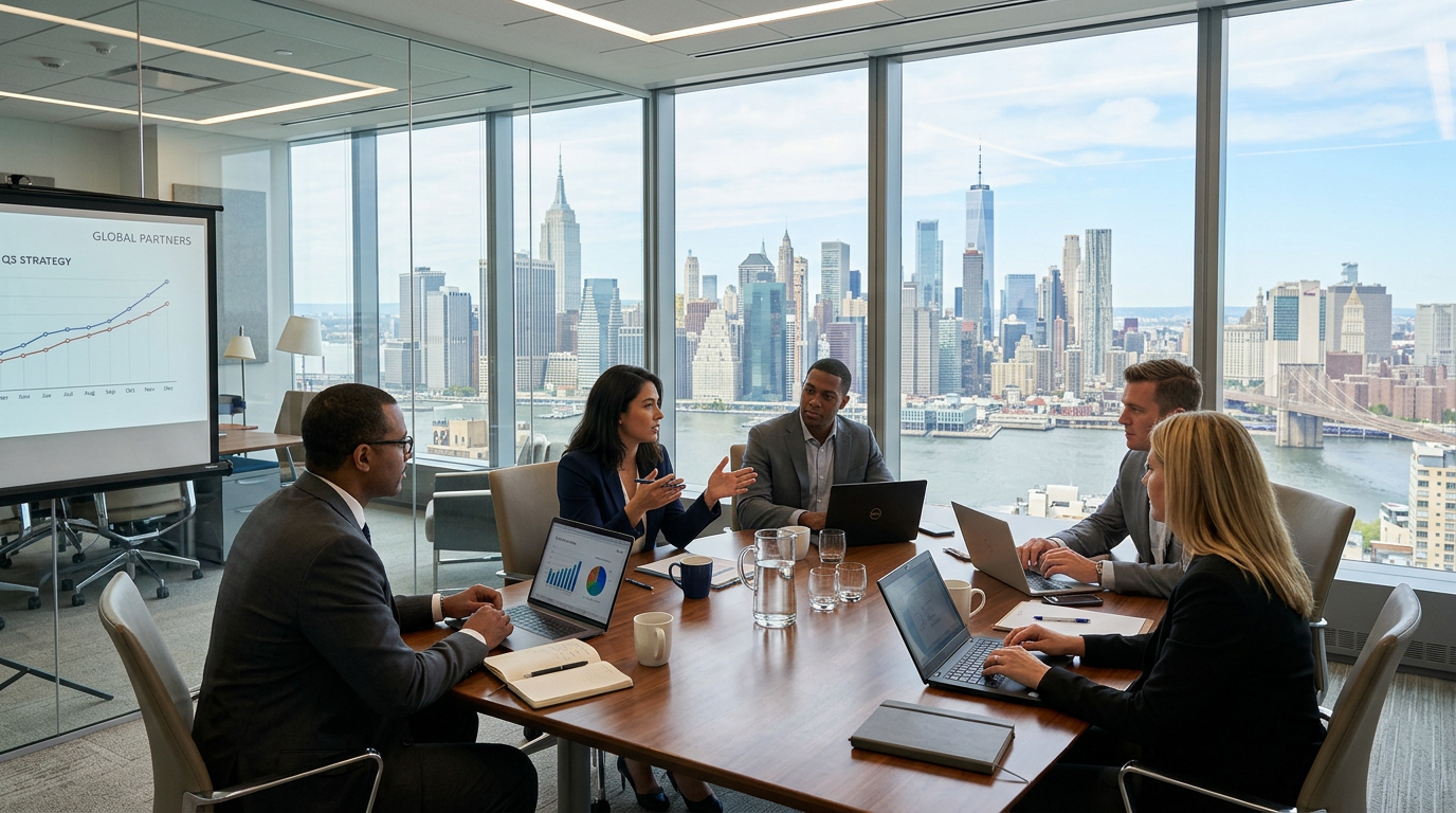 Five professionals in a conference room with laptops and charts discussing business strategy