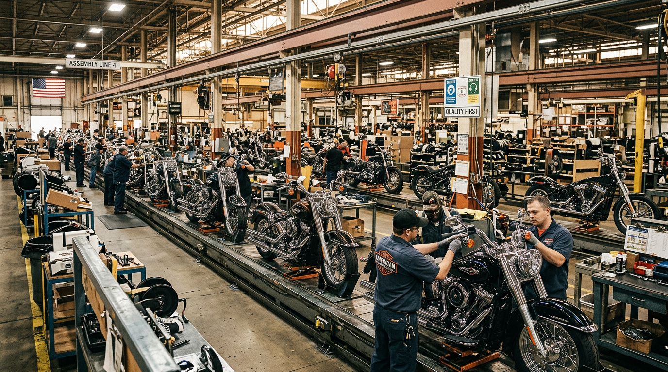 Workers assembling motorcycles on assembly line in factory