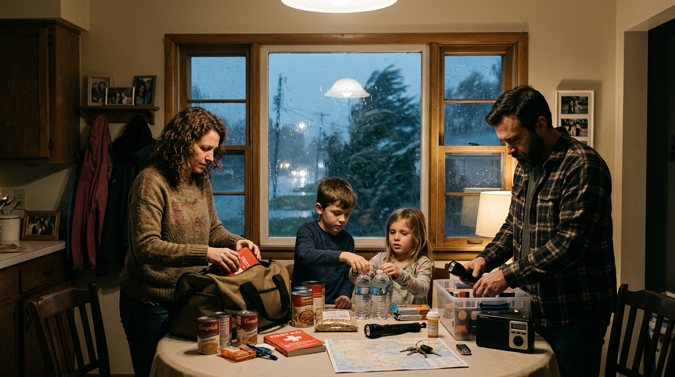 Family packing emergency supplies including water, canned food, flashlights, and a first aid kit
