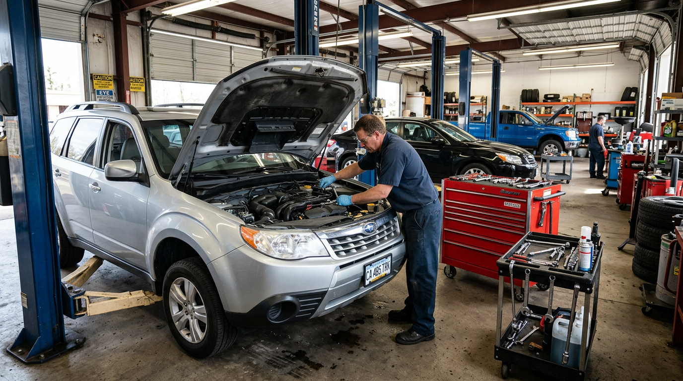 Mechanic inspecting engine of silver Subaru with hood open in garage