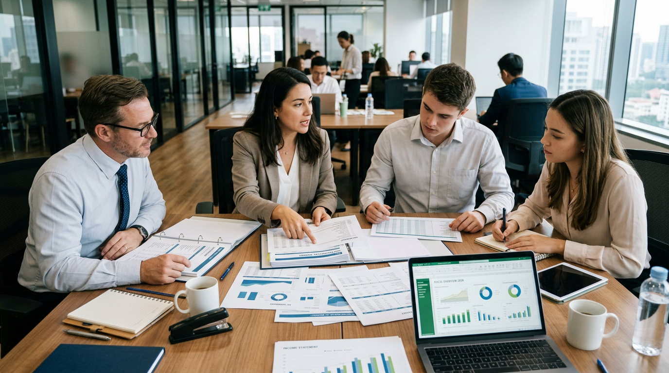 Four professionals reviewing financial charts and documents at a conference table