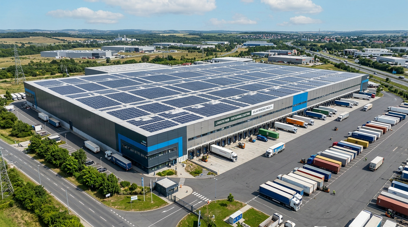 A logistics warehouse with solar panels on the roof and trucks parked at loading docks