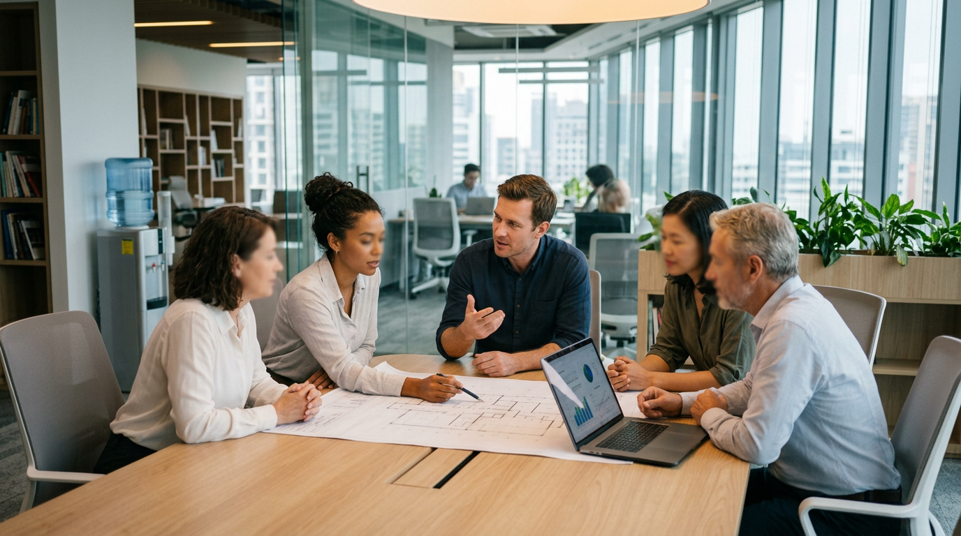 Group of five professionals discussing blueprints and data on a laptop in a conference room