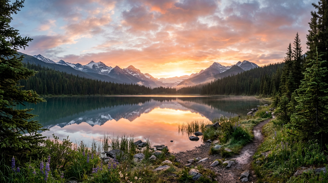 Mountain lake at sunset with colorful sky and pine tree reflection