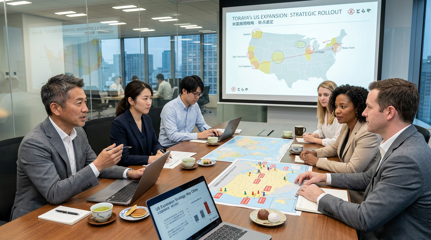 Business team meeting with US expansion strategy maps and charts