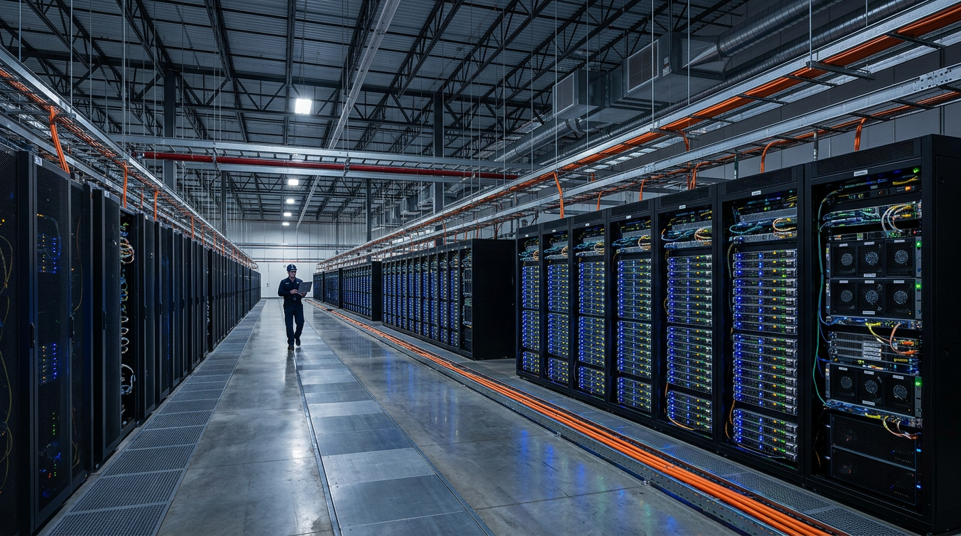 Technician walking in data center with rows of server racks and network cables