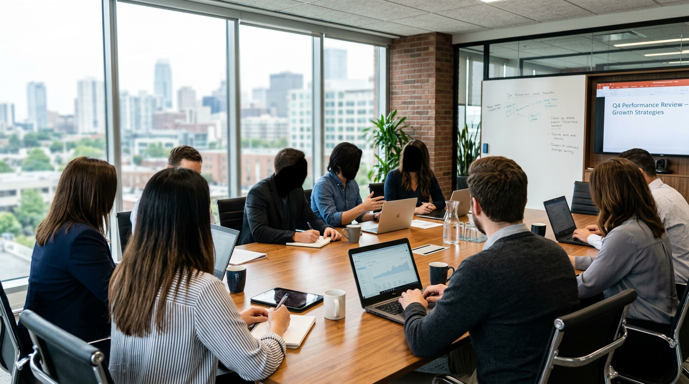Business team in conference room discussing quarterly review and growth strategies