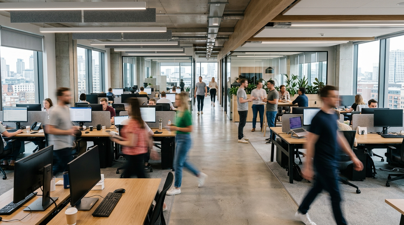 Open office space with people working at desks and walking in the aisle