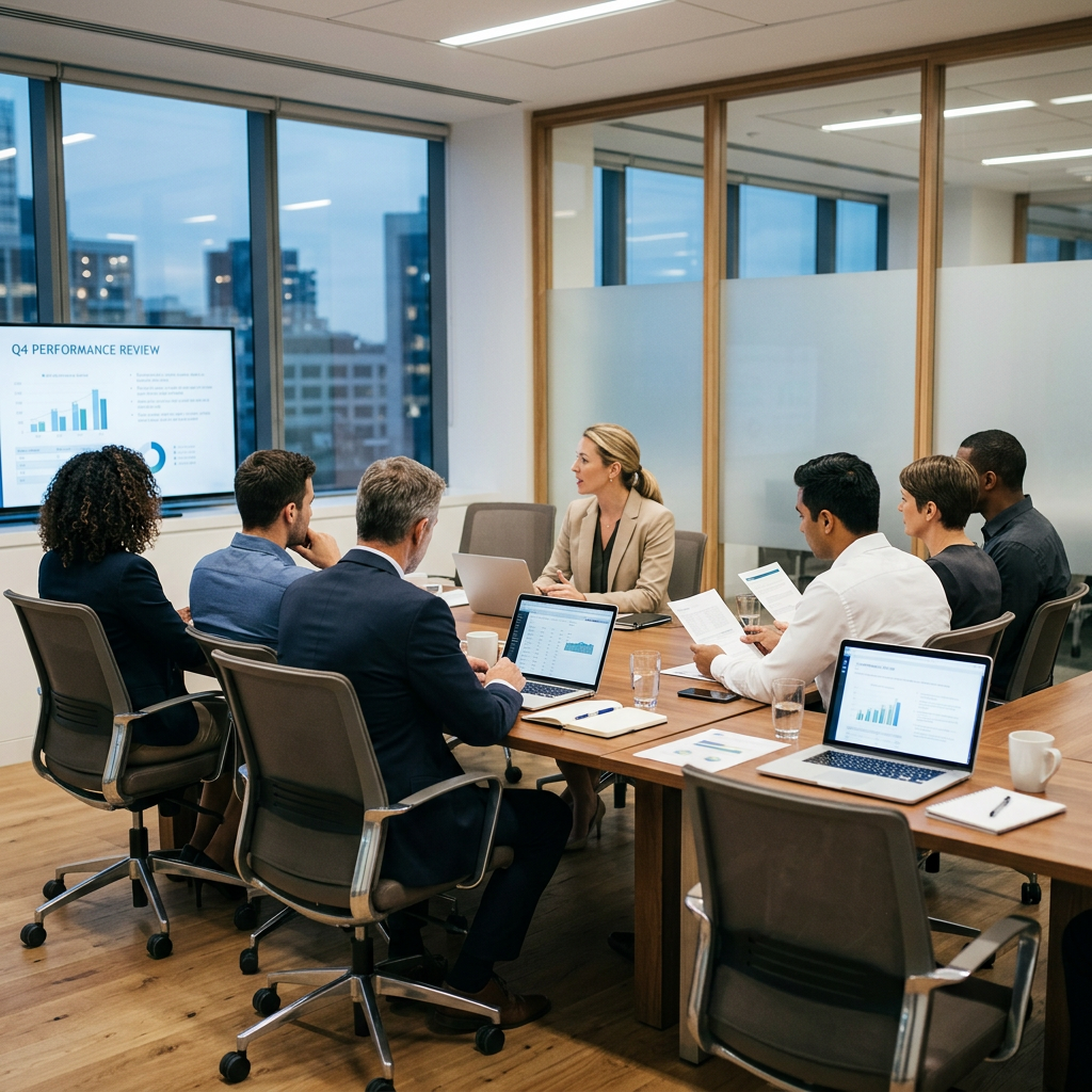 Team members seated around a conference table reviewing Q4 performance charts and documents