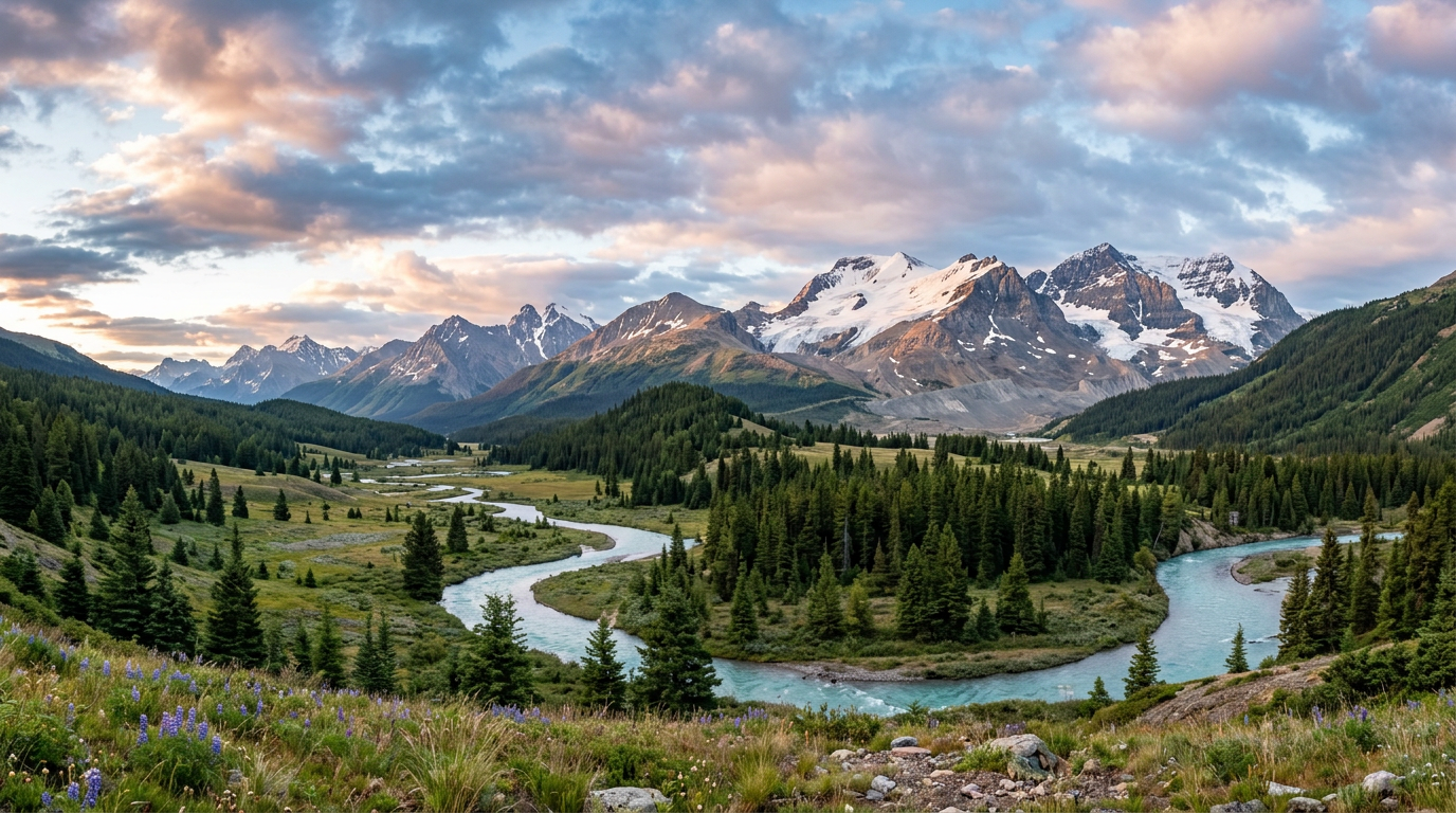 Winding river through green valley with pine trees and snow-capped mountains