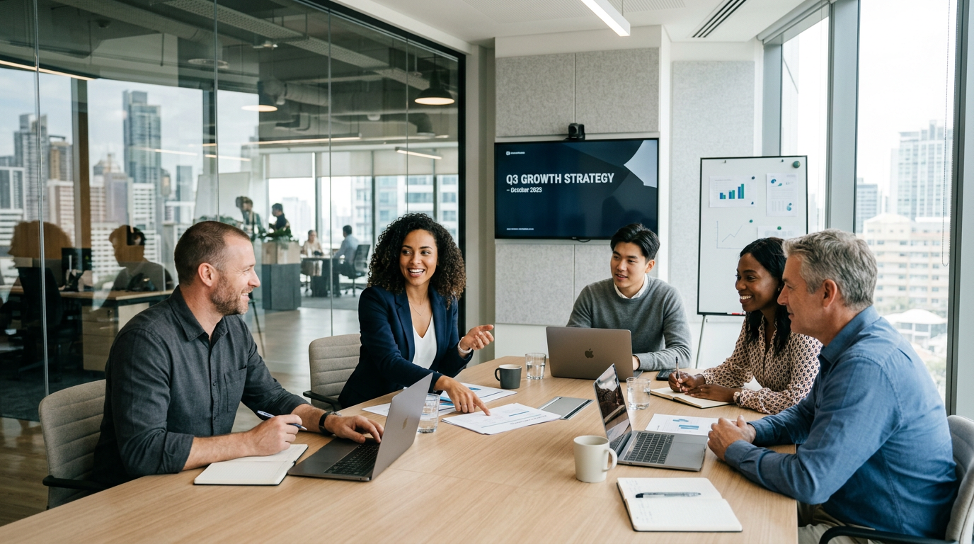 Five professionals discussing documents and laptops around a conference table with Q3 growth strategy on screen