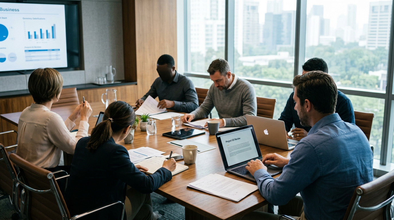 Six professionals in a conference room reviewing documents and laptops during a team meeting