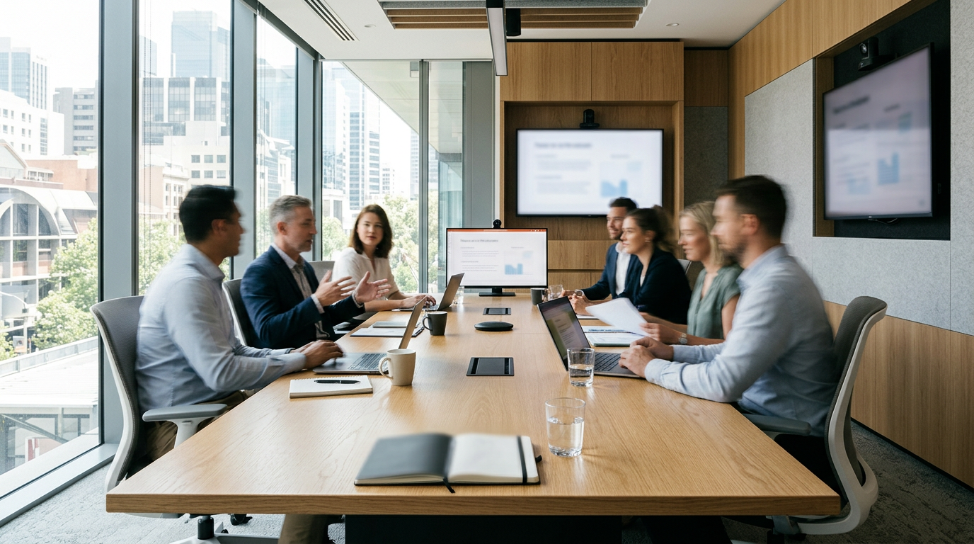 Professionals discussing around a conference table with laptops and presentation screens