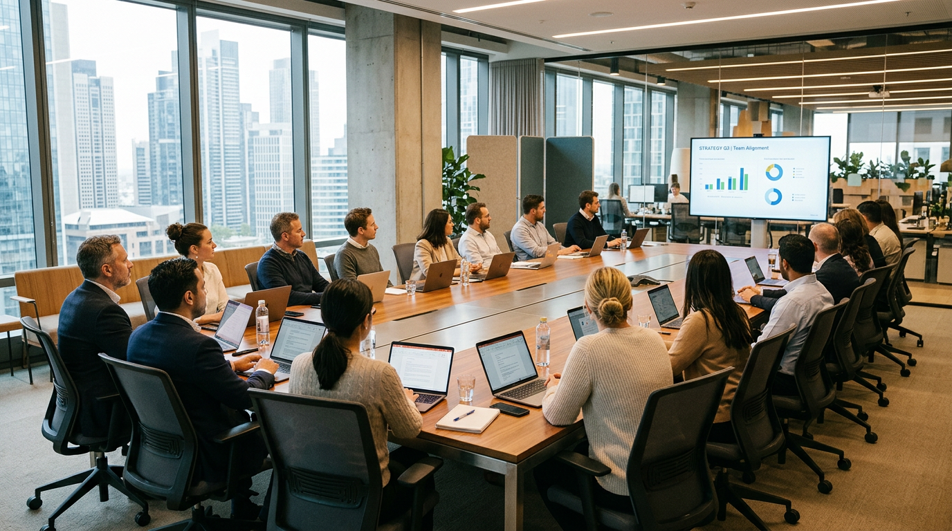 Business team attending a strategy presentation with laptops around a large conference table